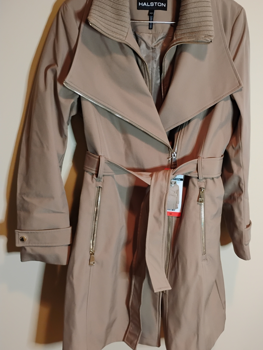 Halston Brown (Caramel) Belted Trench Coat Zippered Bib, Front, & Pockets M